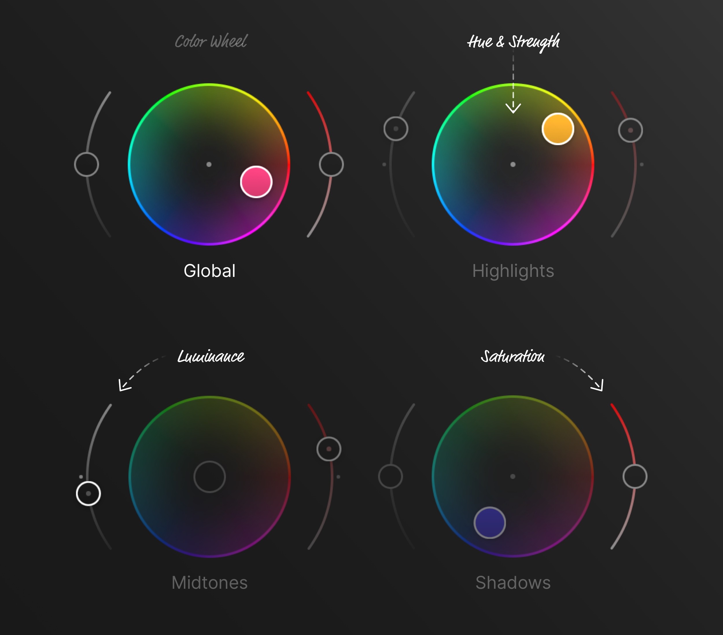 The four Color Wheels in Darkroom; Global, Highlights, Midtones, and Shadows