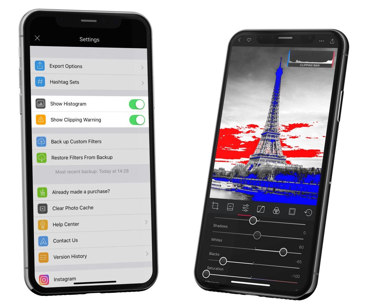 Configurações de histograma Darkroom e aviso de recorte, e indicadores de aviso de recorte do histograma