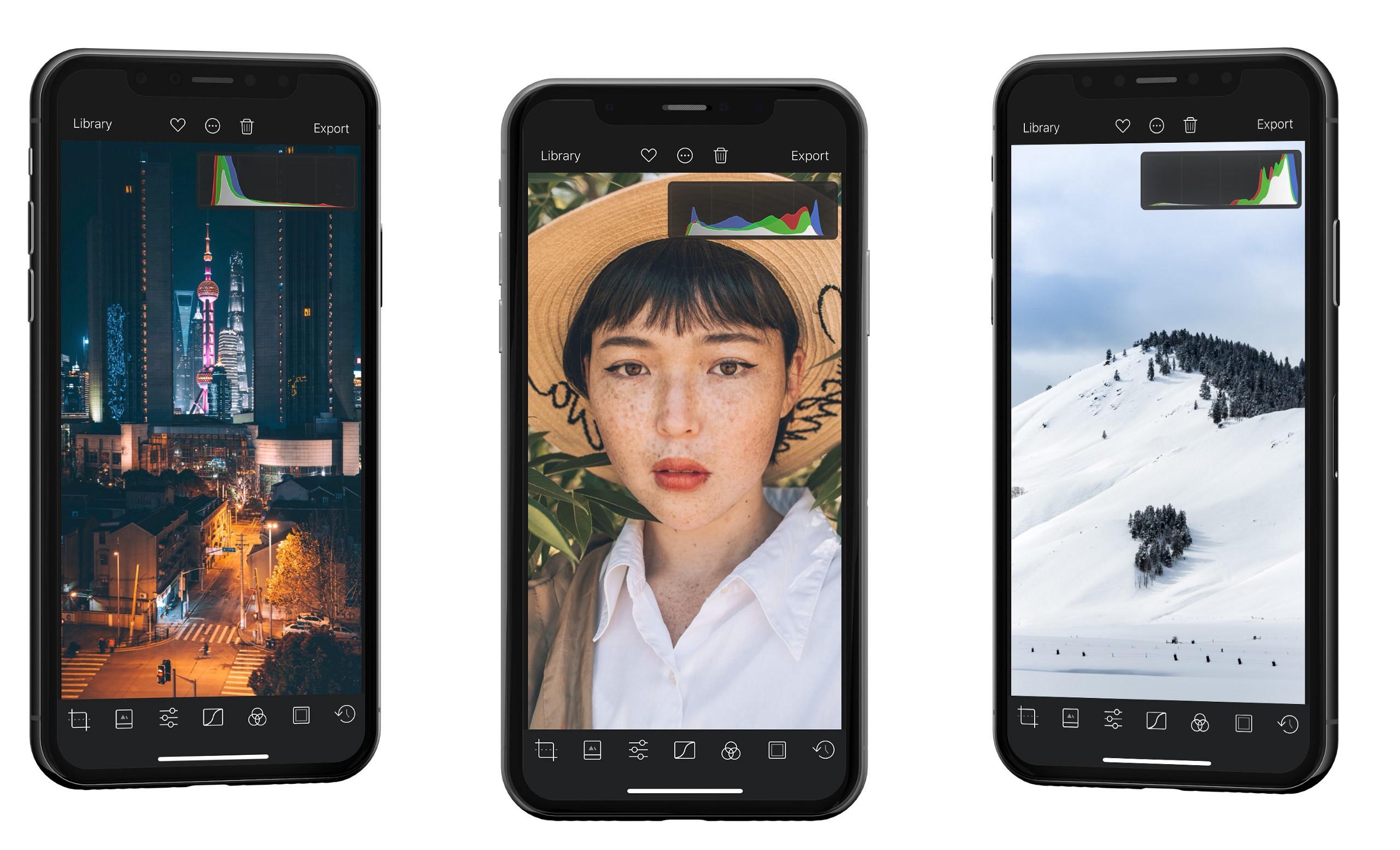 3 dispositivos mostrando diferentes histogramas para diferentes exposições