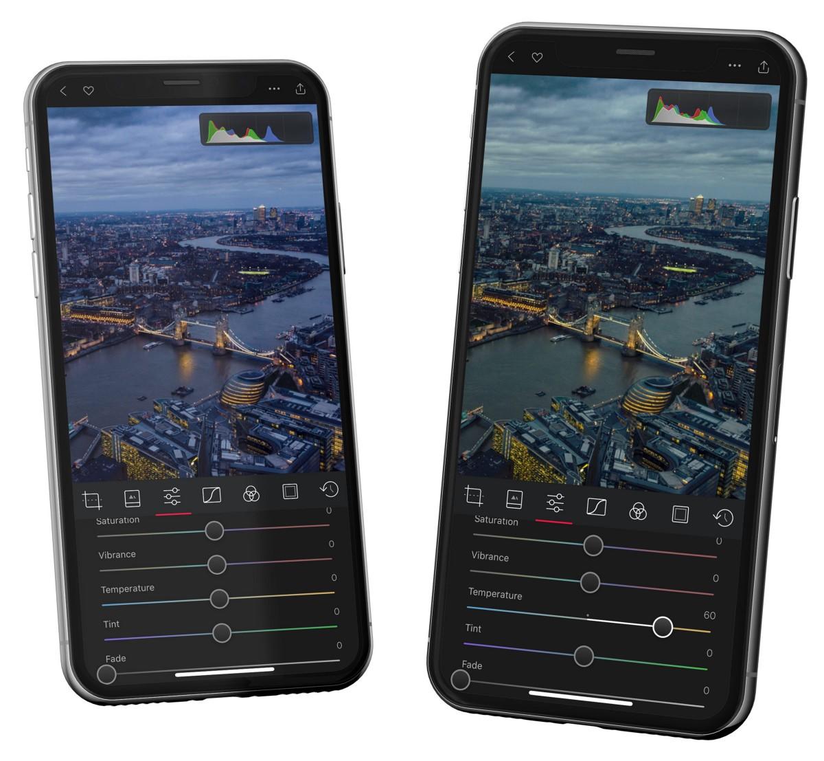 Histograma Darkroom mostrando uma foto com uma tonalidade verde/azul, e uma foto corrigida