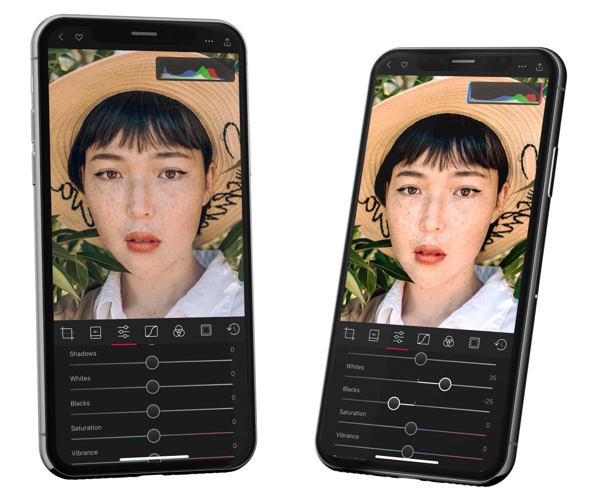 Histograma Darkroom mostrando uma foto com falta de branco e preto puros, e uma foto corrigida