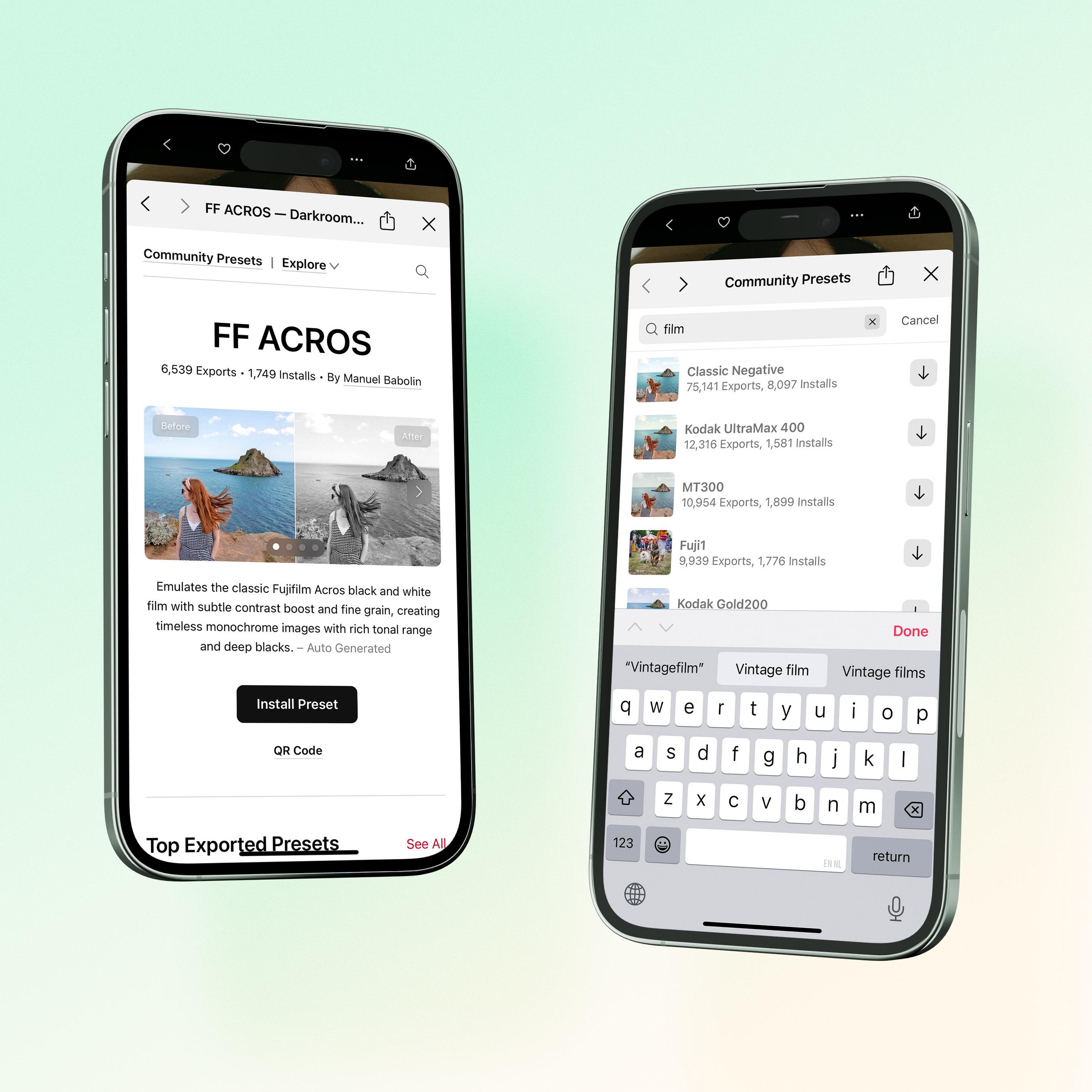 Left: updated preset design with auto-generated descriptions and new discovery navigation. Right: improved community preset search, allowing you explore looks, styles, and vibes with search.