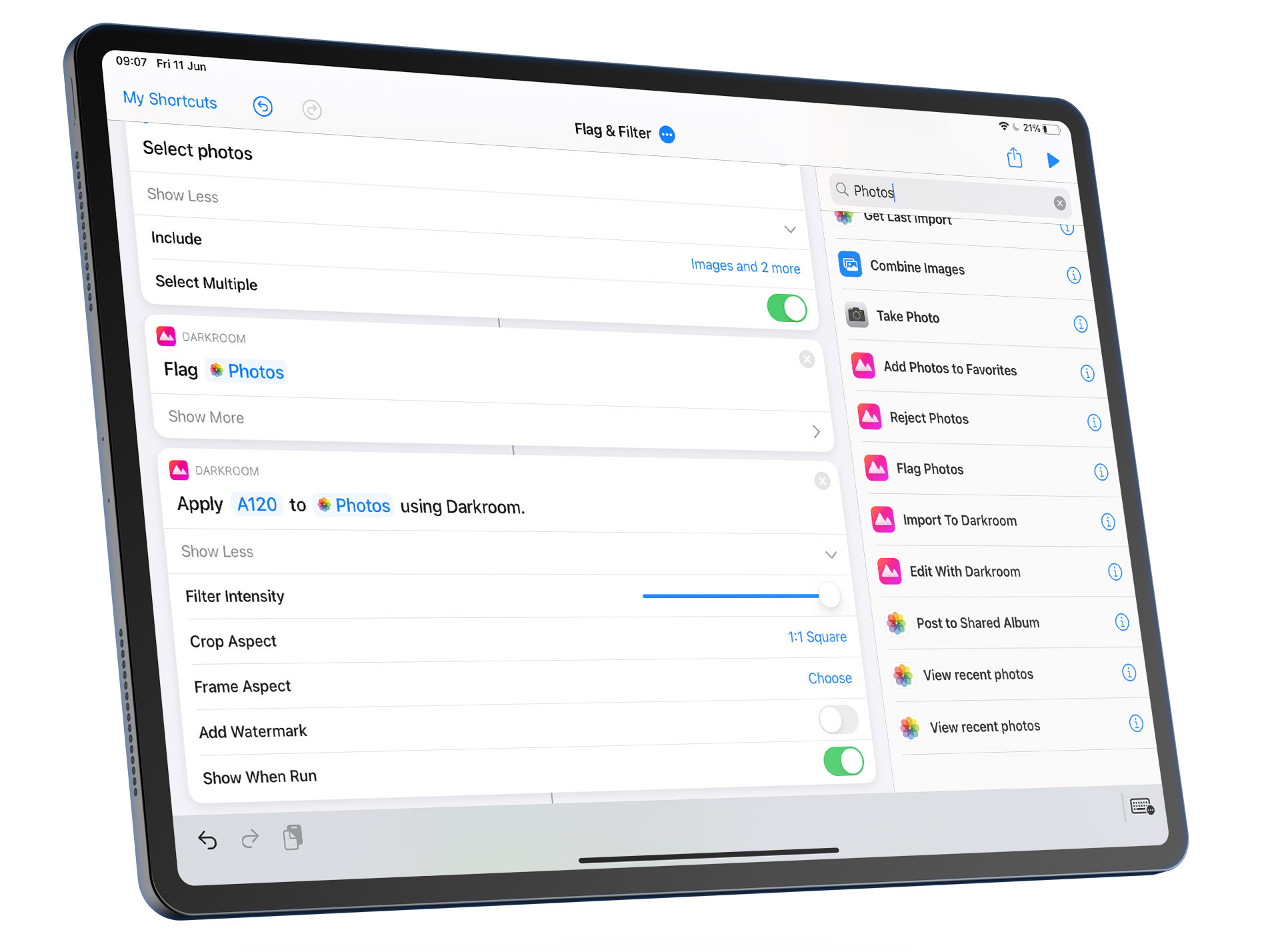 Shortcuts app on iPad showing Darkroom actions