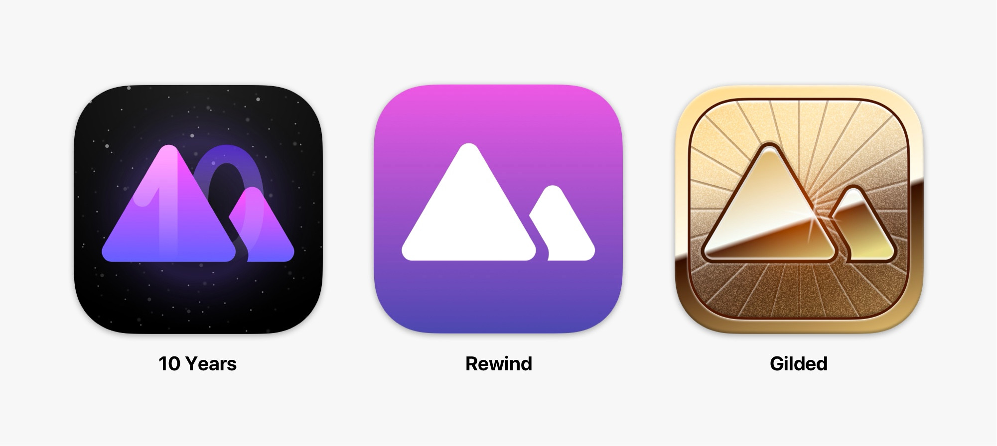 3 new app icons. 10 Years: inspired by our current and original app icons, Rewind: the original background with our updated glyph, and Guilded: a gold variant.