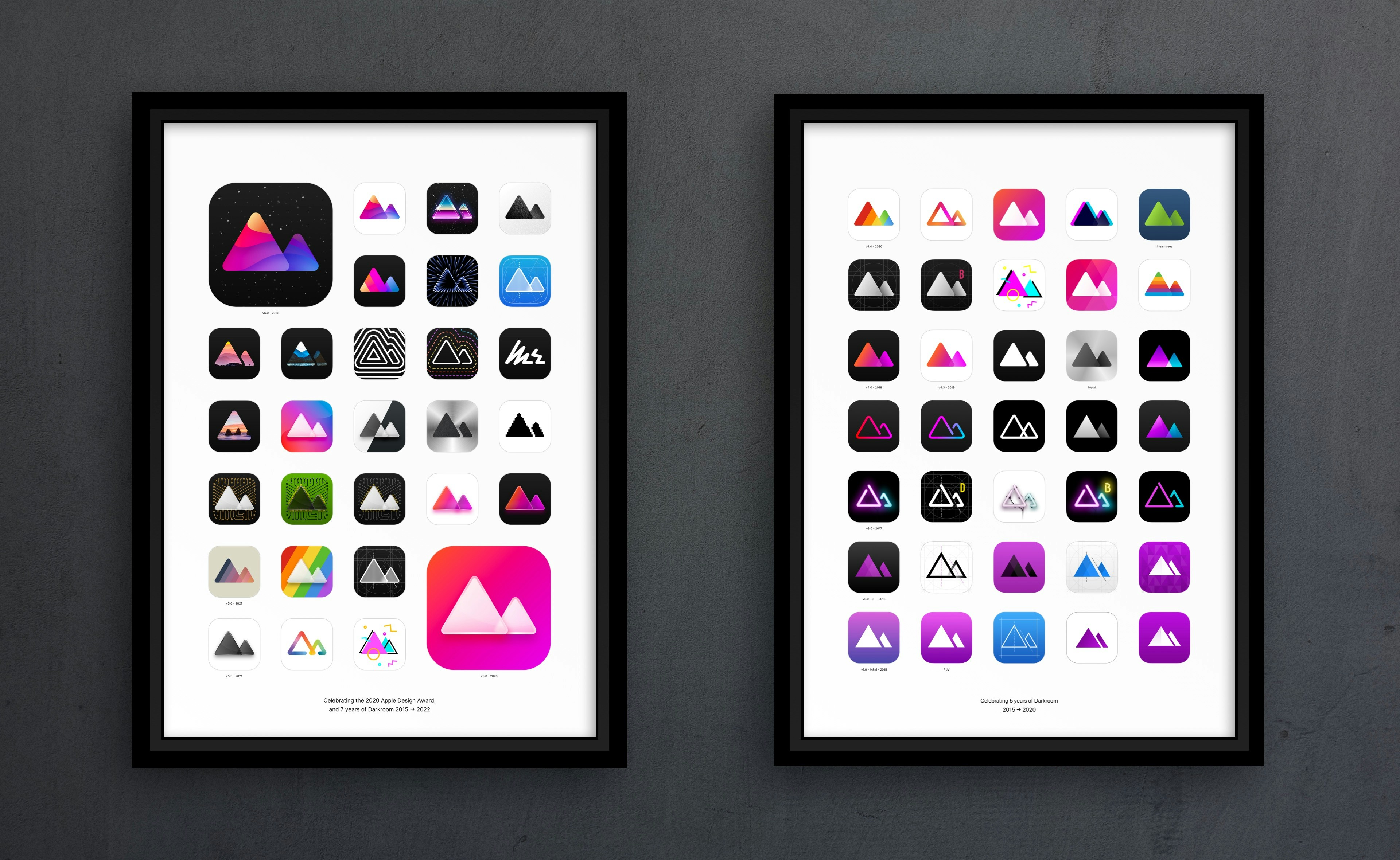 Two posters on a wall side-by-sde, each featuring a large selection of released and unreleased app icons