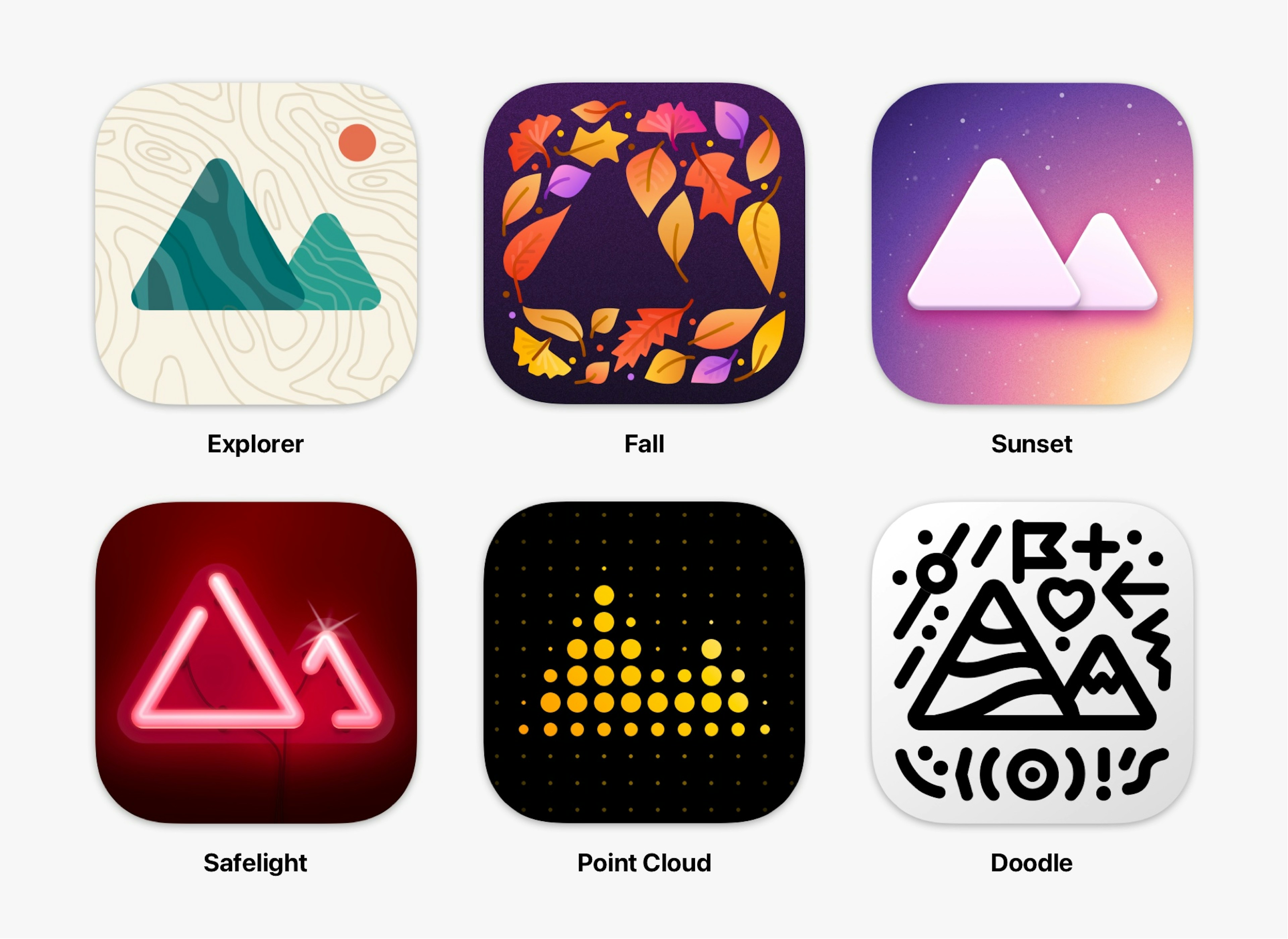Six new app icons; Explorer, Fall, Sunset, Safelight, Point Cloud, and Doodle