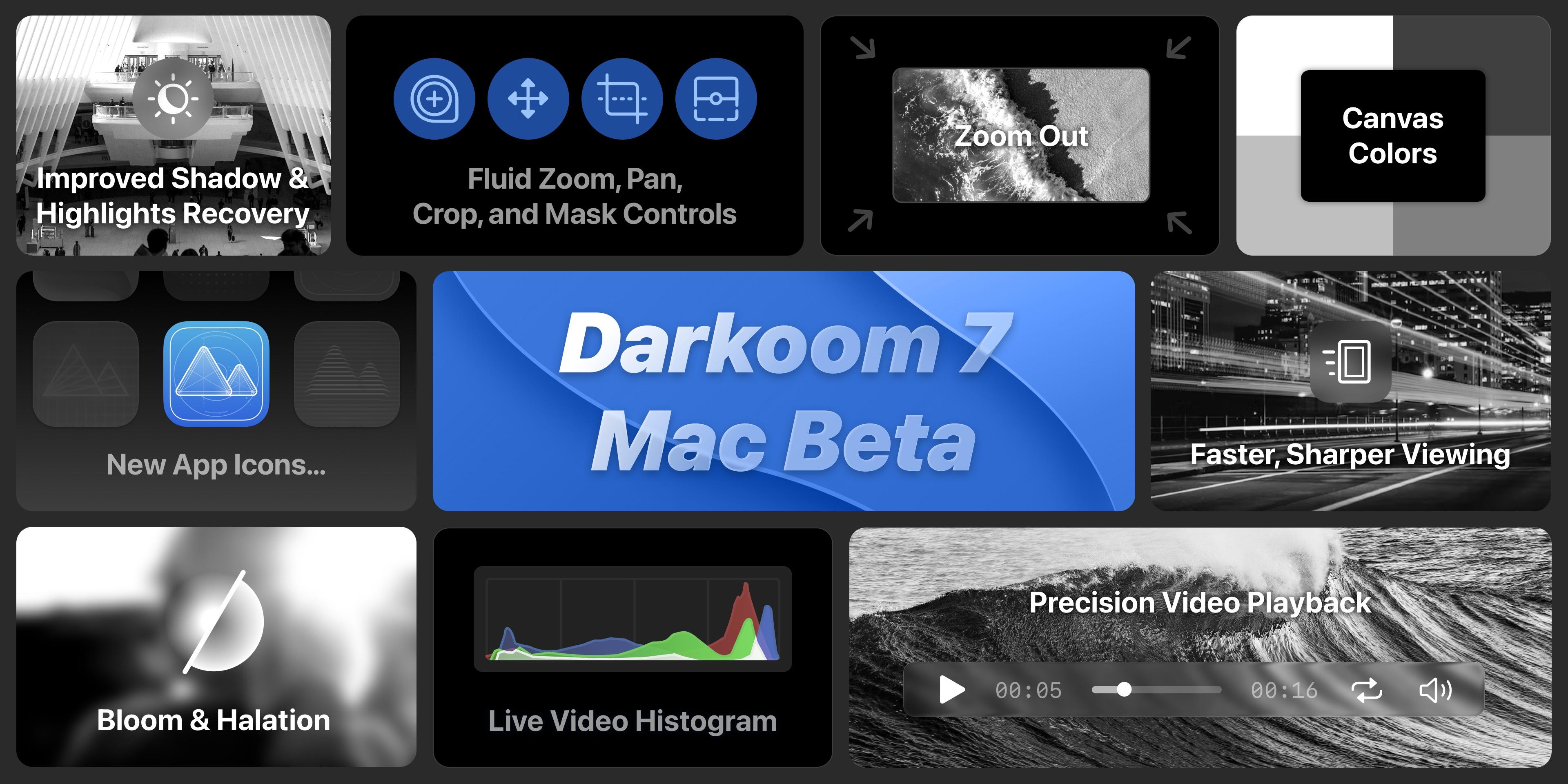 Bento overview graphic of all that has changed in Darkroom 7