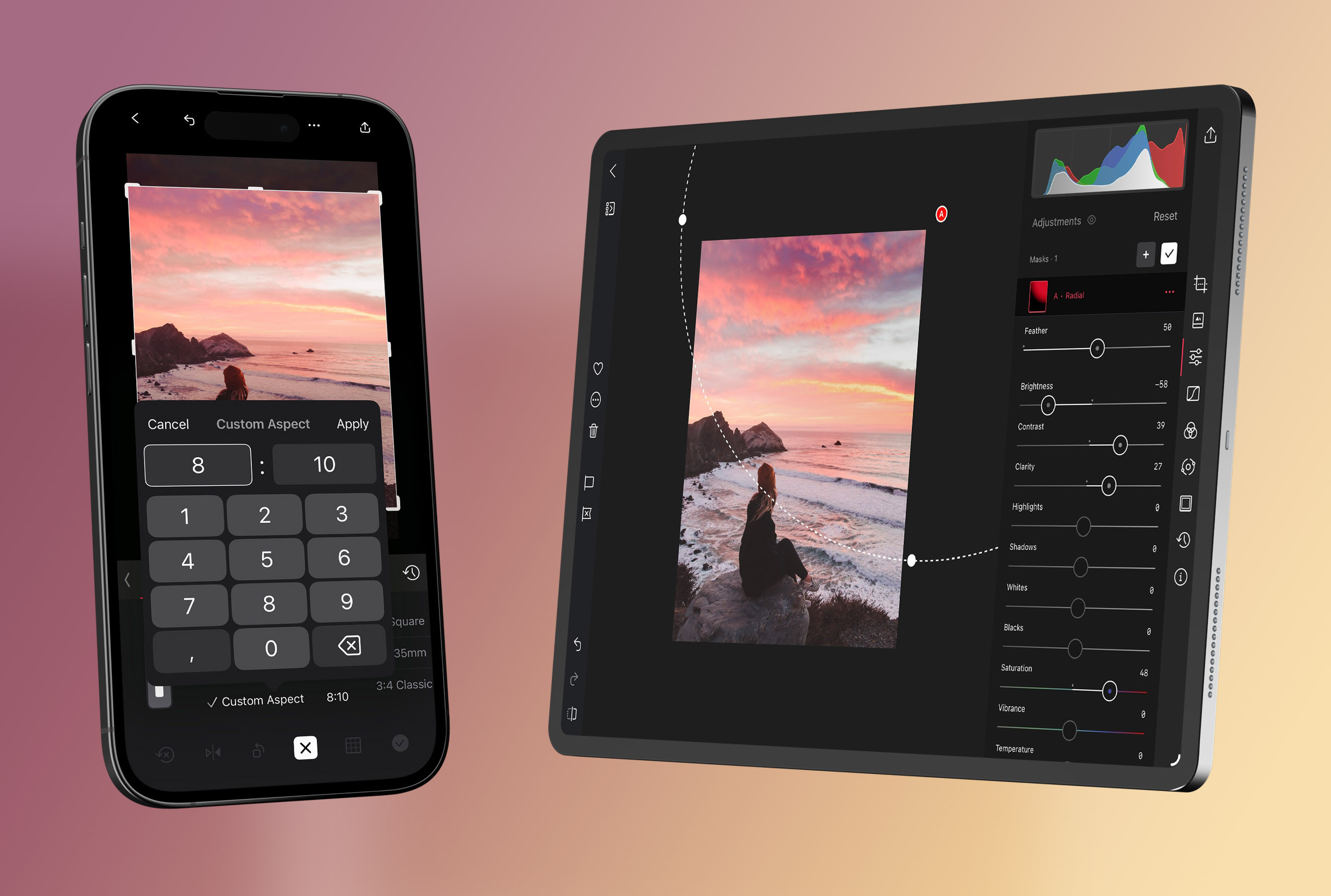 自定义裁剪宽高比终于来了。缩小以获得有用的宏观视图,并最终在画面外放置线性和径向蒙版。