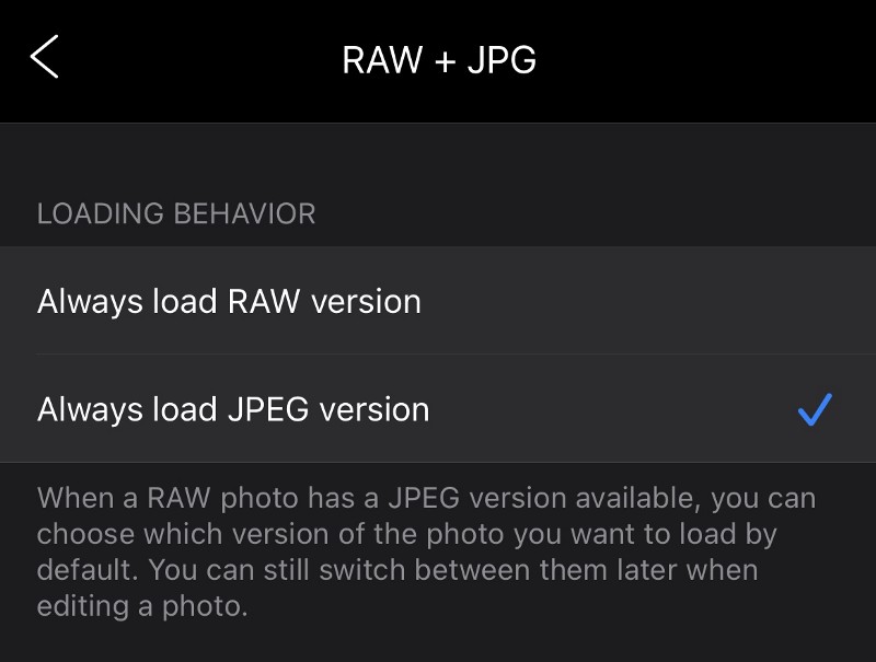 RAW + JPG loading settings