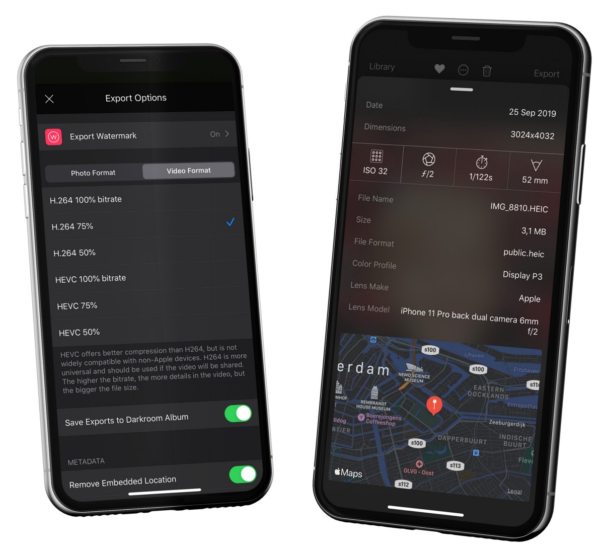 The Darkroom metadata viewer showing photo and video details