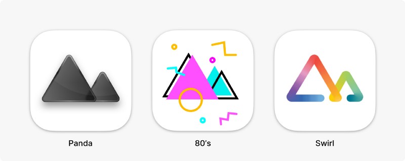 Three new app icons; Panda, 80's, and Swirl
