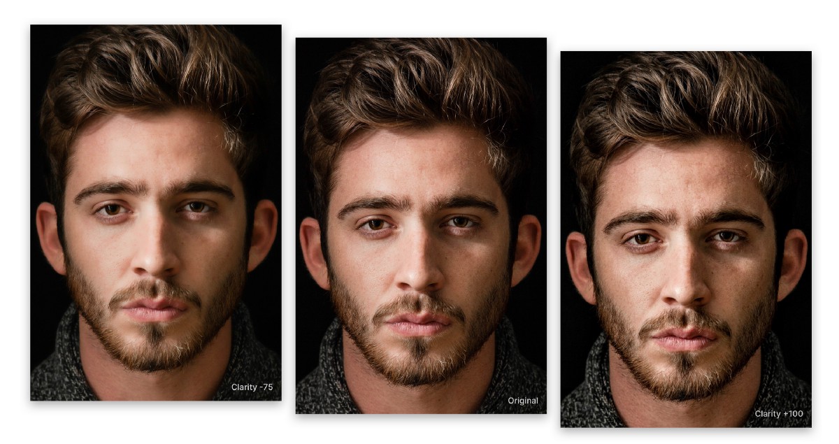 Three portraits of a man; left -75% clarity, middle is the original, right +75% clarity