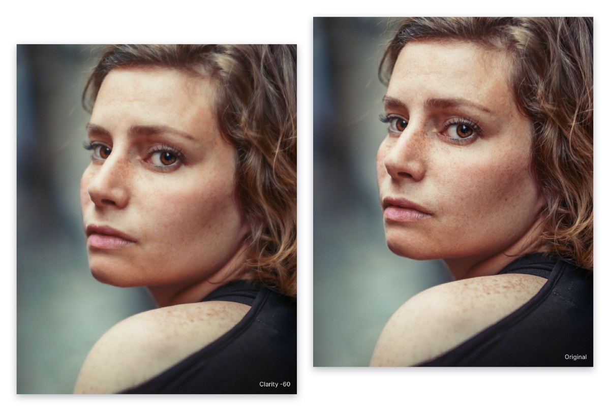 Two portraits of a woman; left -50% clarity, right is the original
