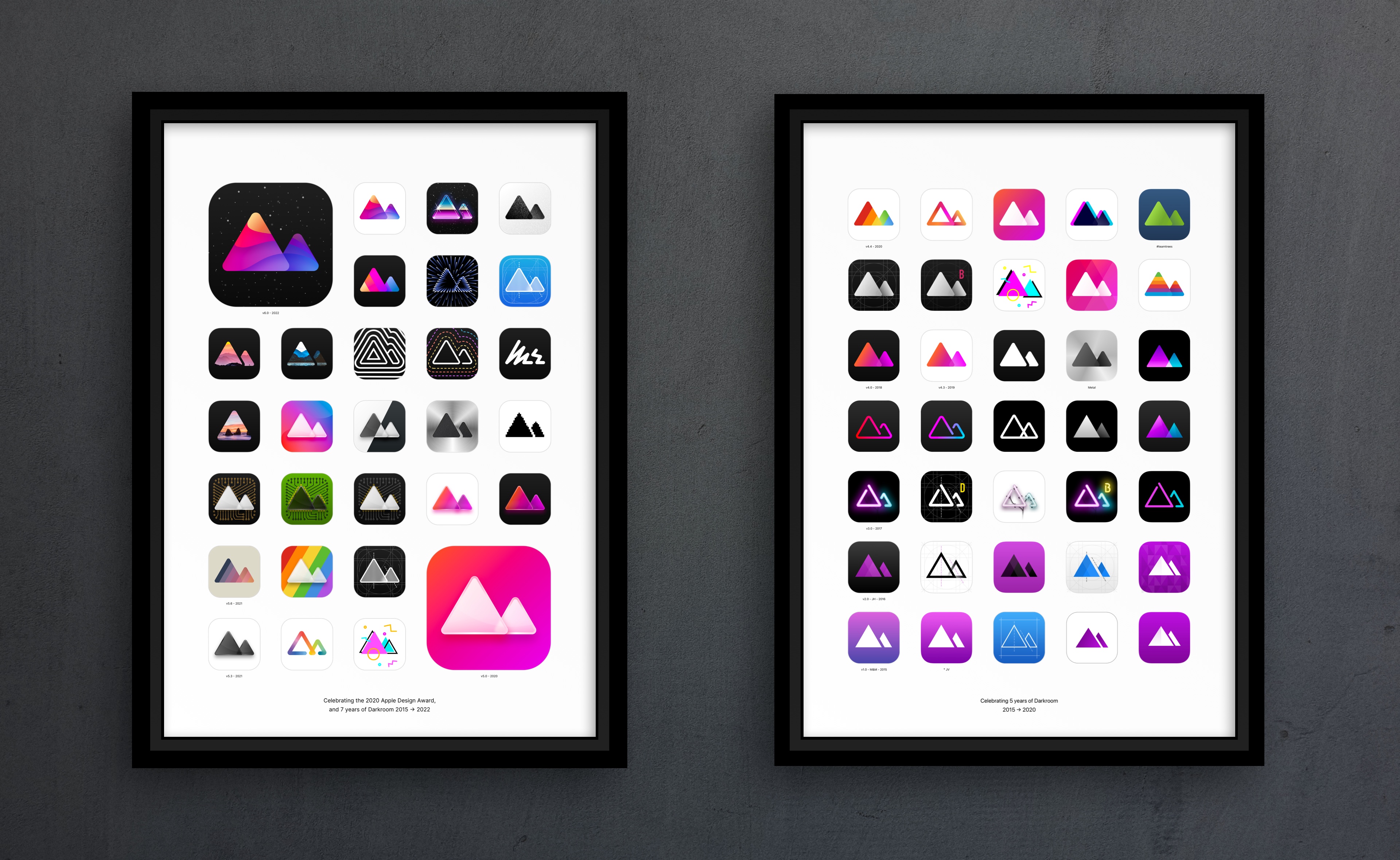 Two posters on a wall side-by-sde, each featuring a large selection of released and unreleased app icons