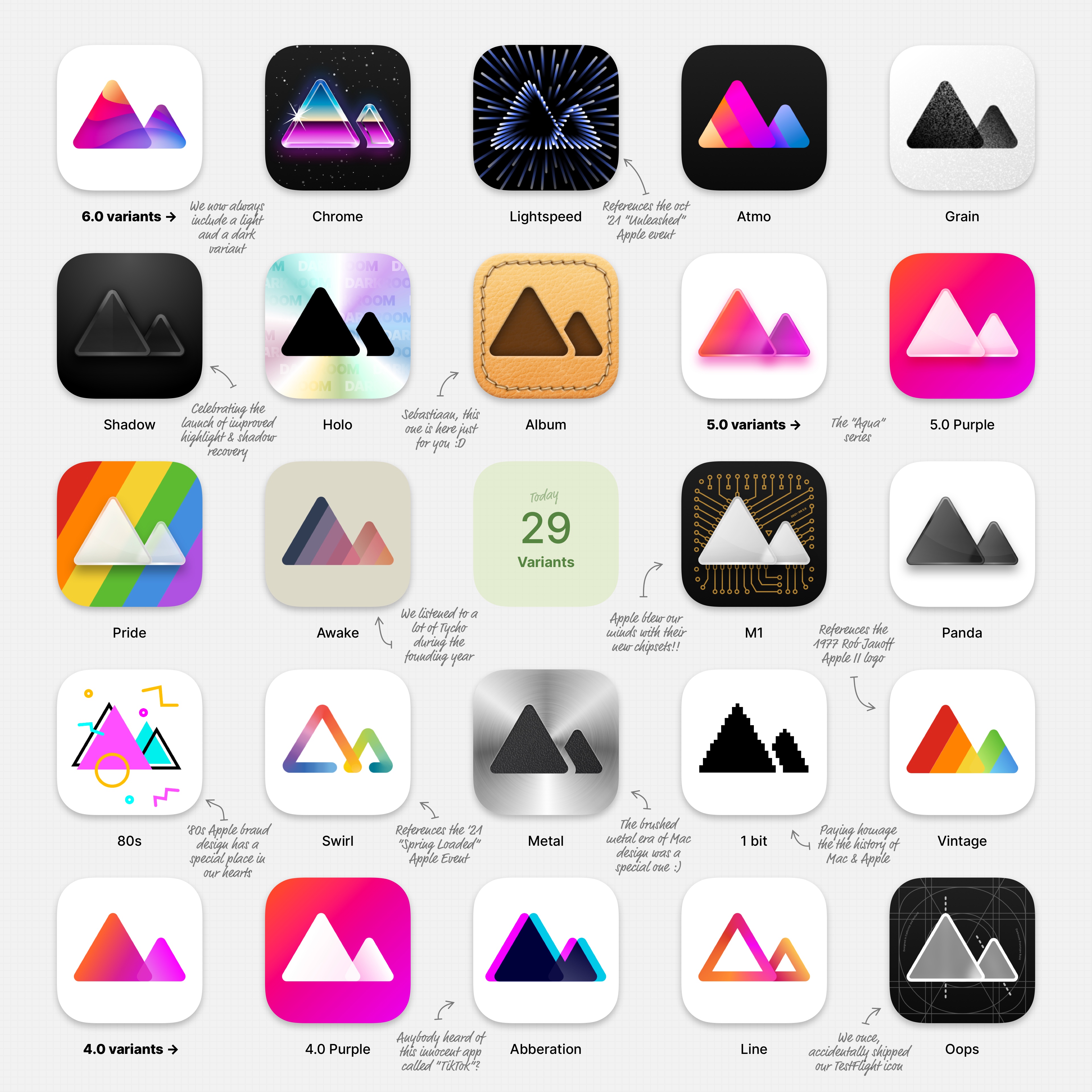 A grid of 5 x 6 app icons showing all of Darkrooms available app icon variants