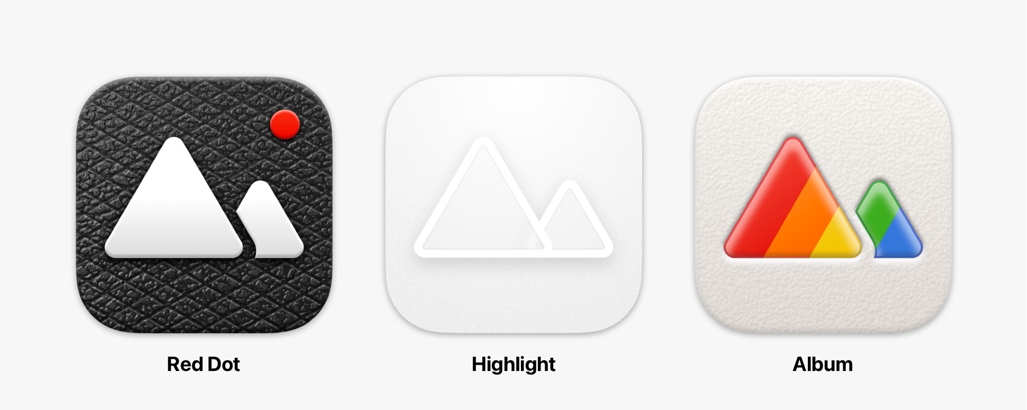 Three new Darkroom app icon variants; Red Dot, Highlight, and Macintosh