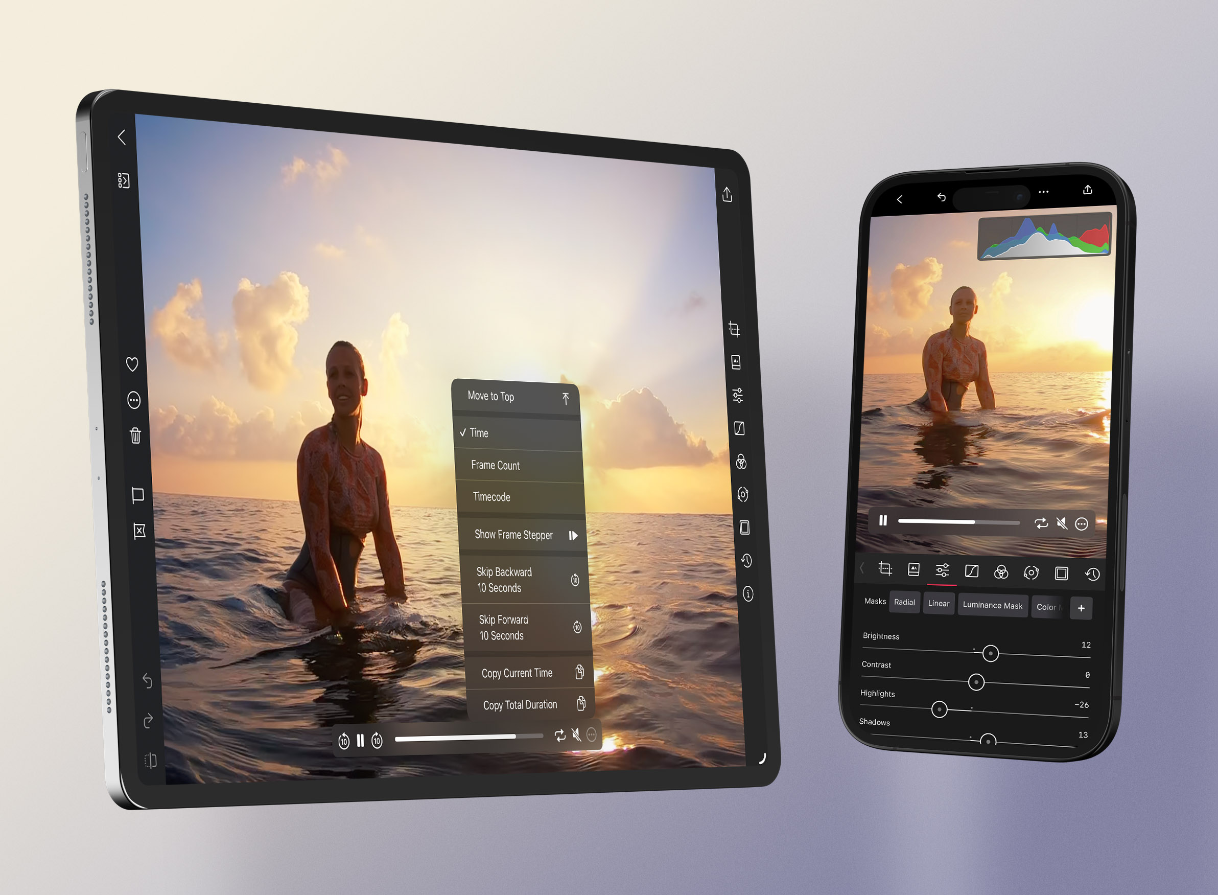 Video playback controls and a live histogram while editing in Darkroom
